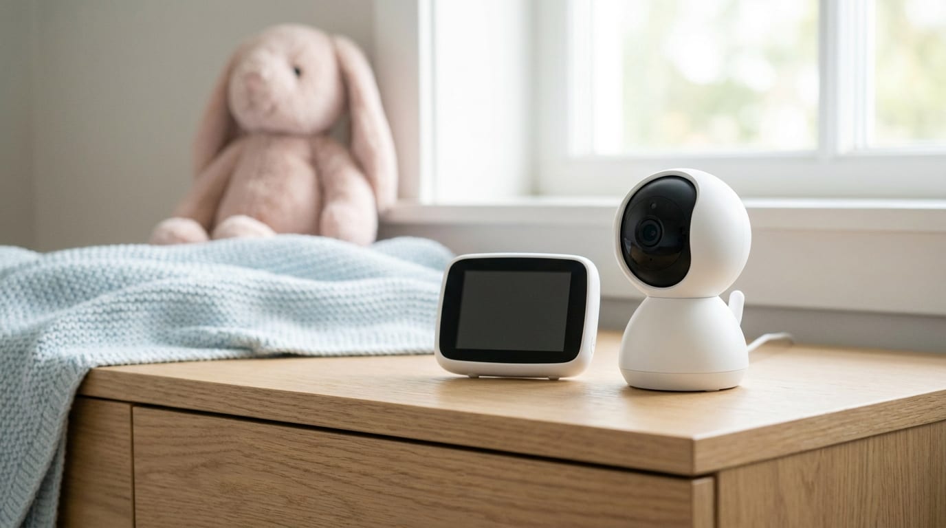 Hvidt babyalarmkamera og forældreenhed på en kommode i et lyst børneværelse