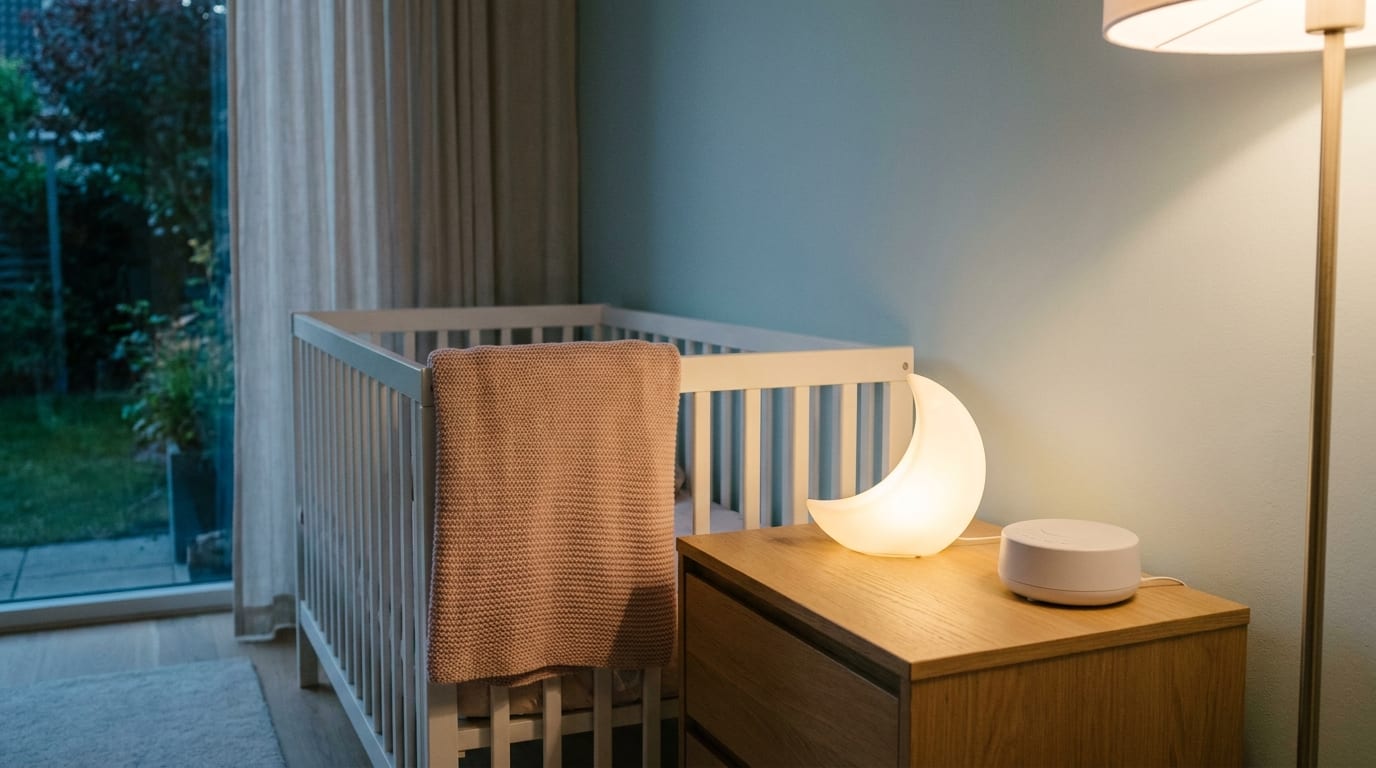 Natlampe formet som en måne og en white noise-maskine på et natbord ved en tremmeseng