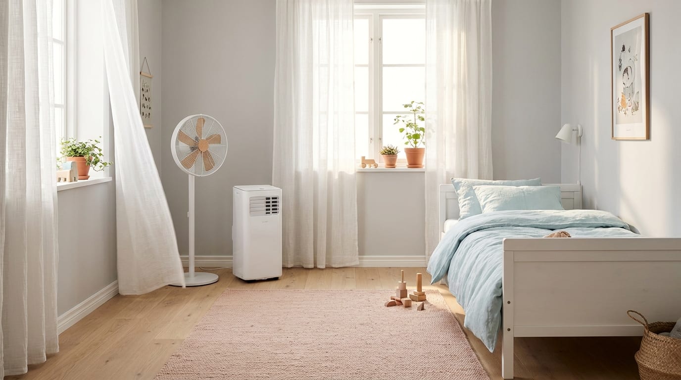 Hvid gulvventilator og mobil aircondition i et lyst børneværelse en sommerdag