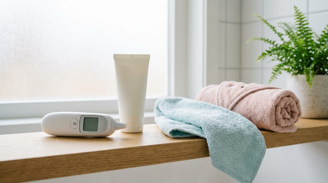 Øretermometer, tube med solcreme og bløde håndklæder på en hylde på badeværelset
