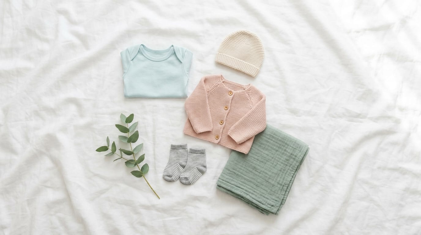 Babytøj til en nyfødt lagt frem på hvidt linned: body, cardigan, hue, sokker og stofble