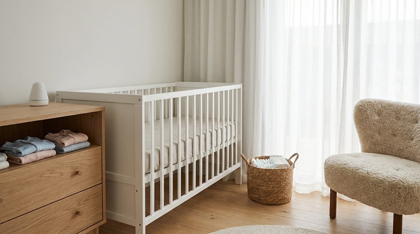 Børneværelse klar til en nyfødt med tremmeseng, kommode med foldet babytøj og en lænestol
