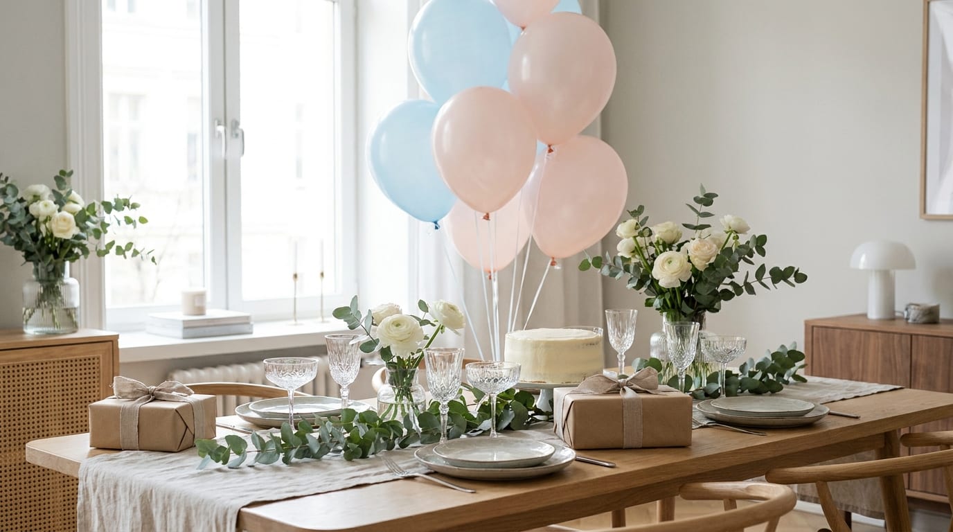 Bord pyntet til babyshower med lyseblå og rosa balloner, kage og gaver