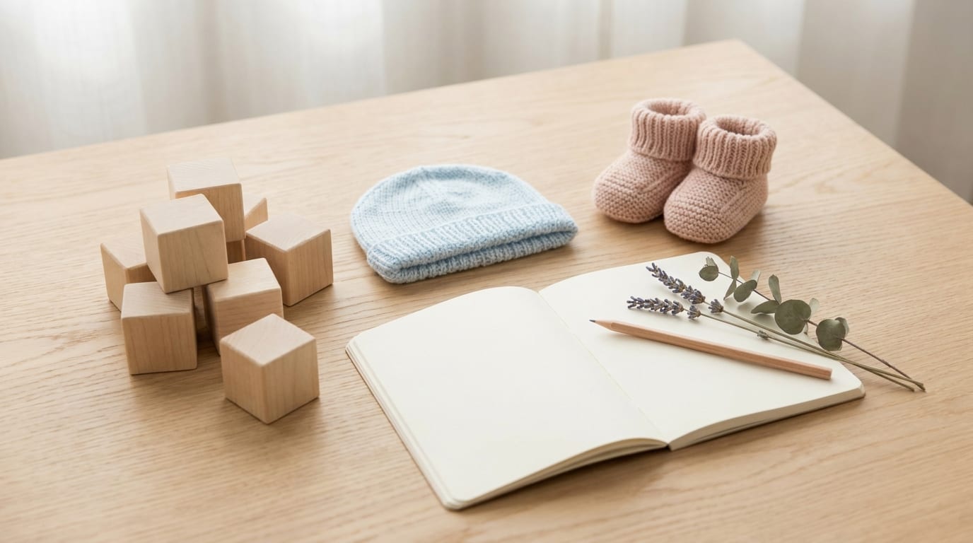 Træklodser, en lyseblå babyhue, rosa babysko og en åben notesbog på et bord