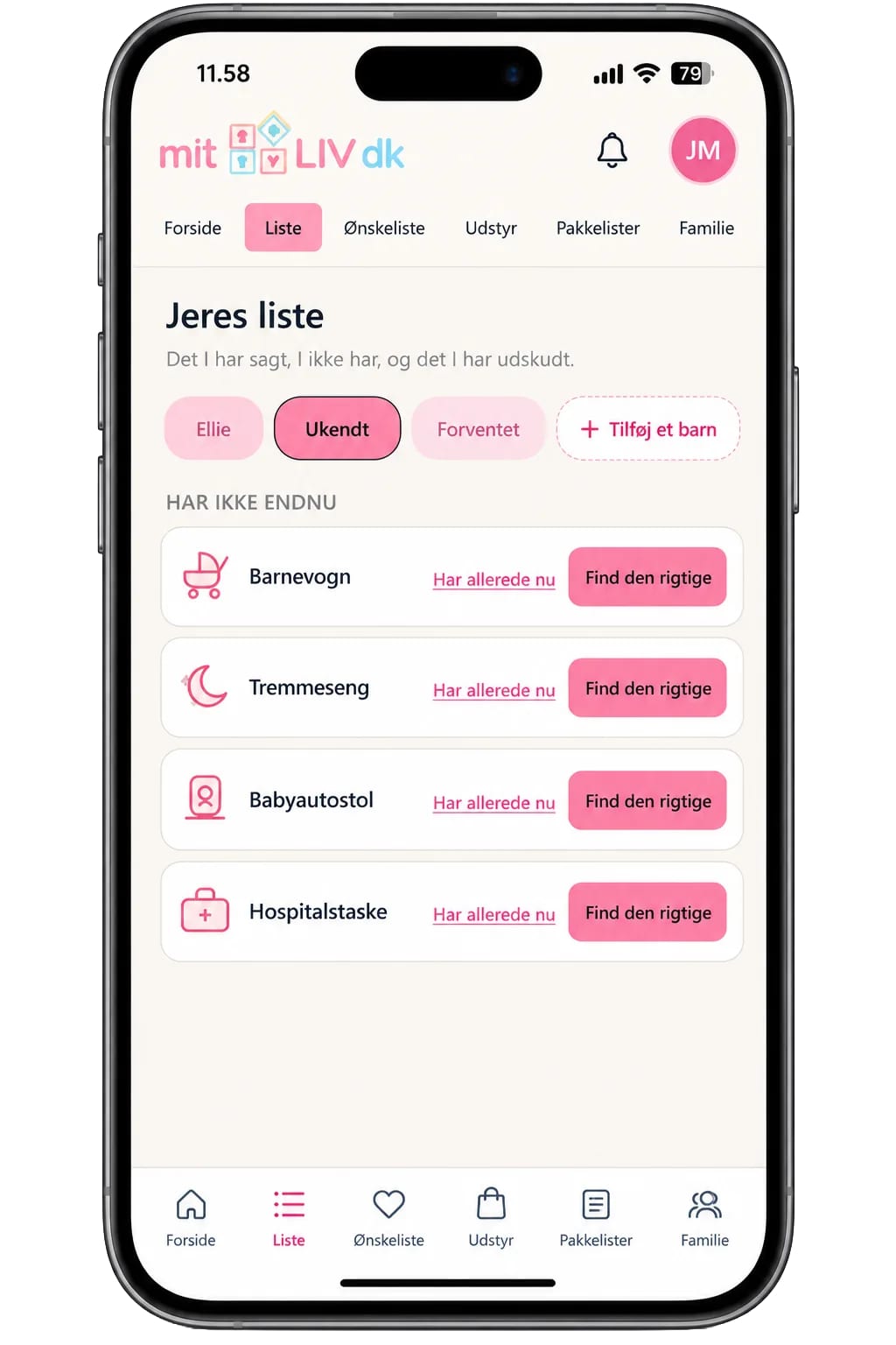 Jeres liste i appen: barnevogn, tremmeseng, babyautostol og hospitalstaske, hver med en knap til at finde den rigtige.