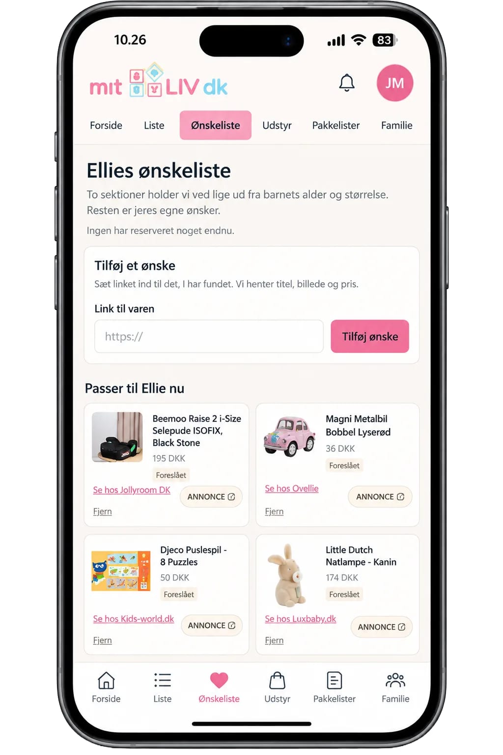 Ønskelisten i appen: et felt til at sætte et link ind, og forslag der passer til barnet lige nu.
