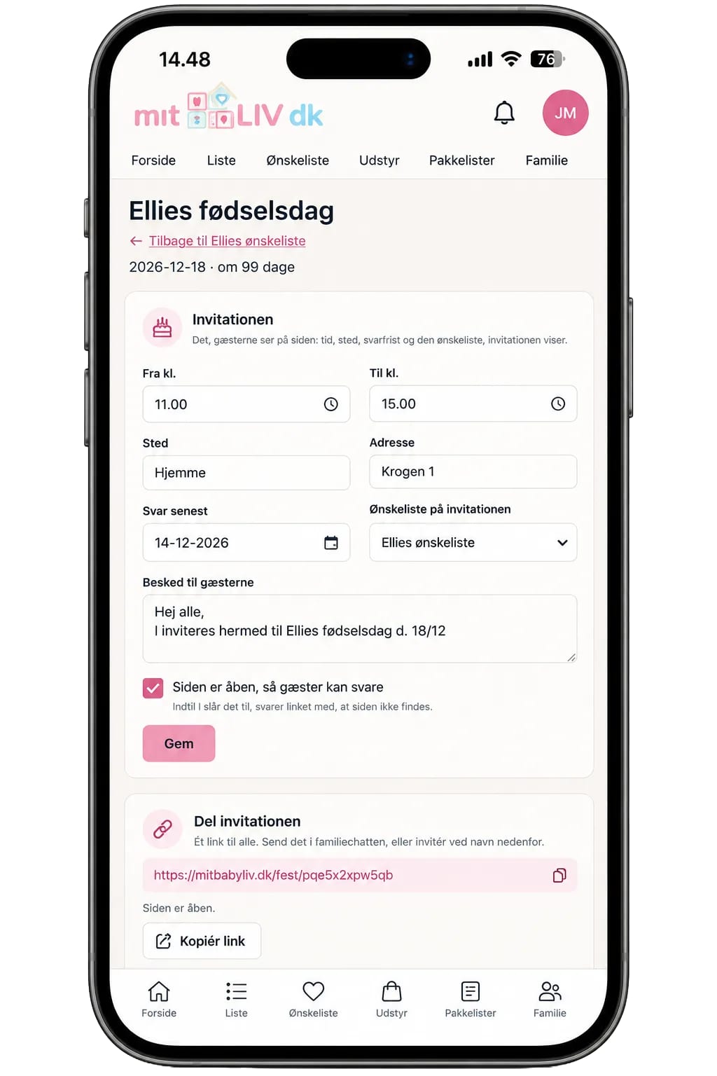 En begivenhed i appen: tid, sted, svarfrist, ønskelisten på invitationen og et link at dele.