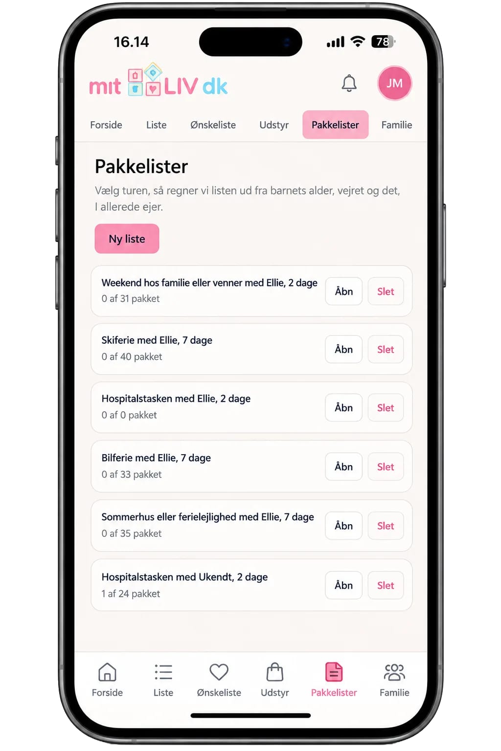 Pakkelister i appen: hospitalstasken, weekenden, skiferien, hver med hvor meget der er pakket.